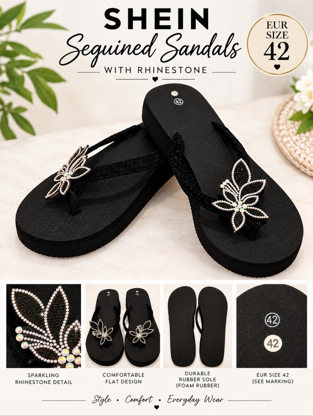 Shein Black Sandals with Rhinestone Flower Size 9 - 42 EU